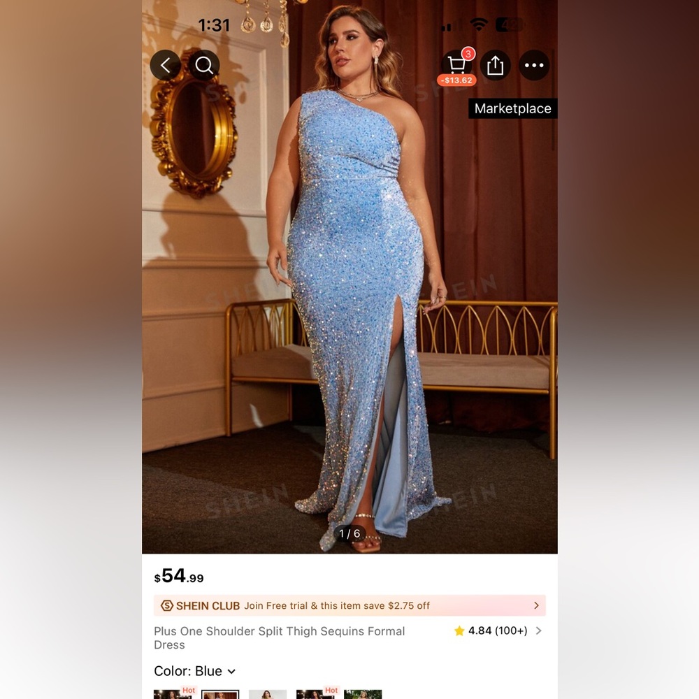 Light Blue Plus Size One Shoulder Sequin Formal Dress